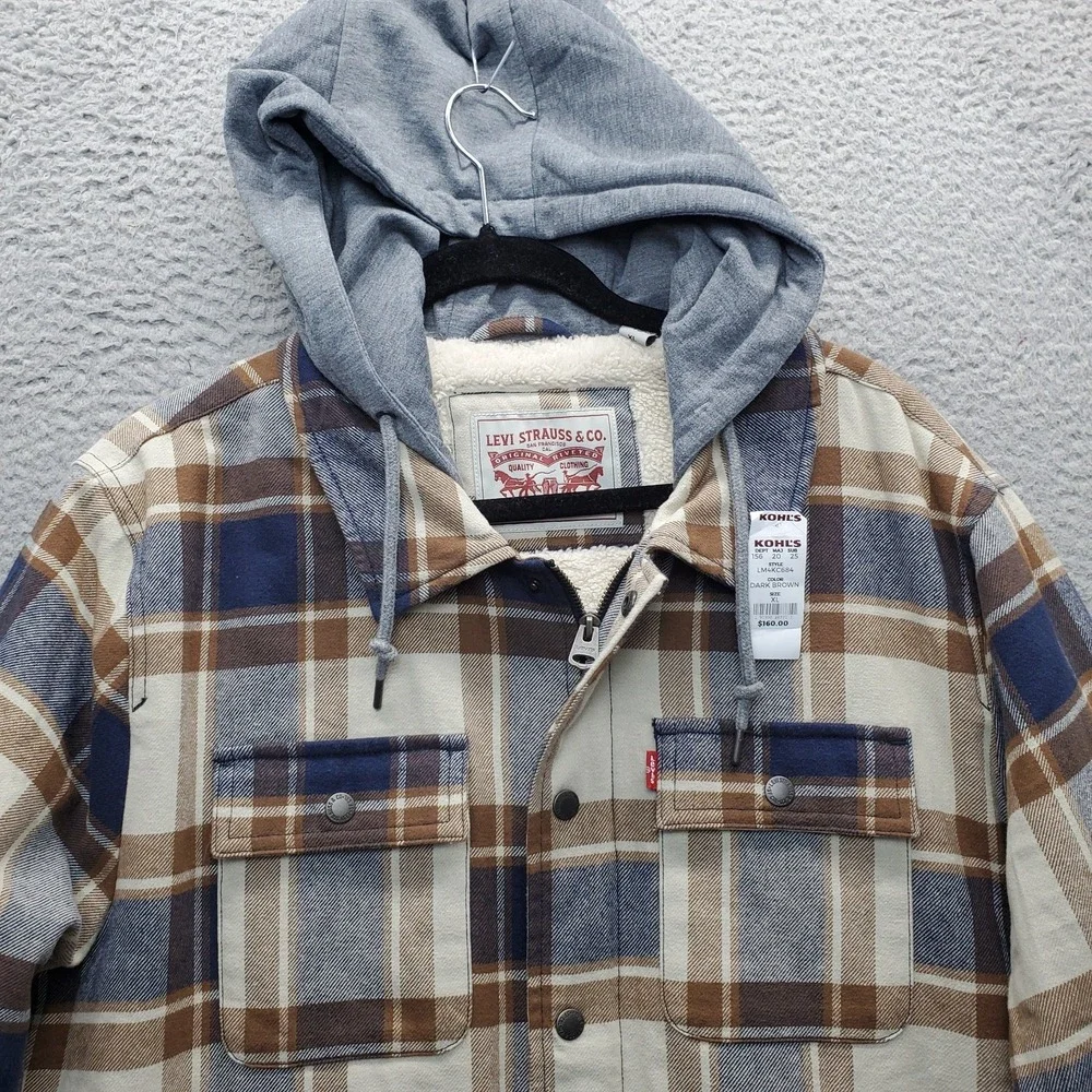 Levi's Flannel Shirt Jacket Men XL Multi Plaid Sherpa Lined Hood Snap Inside Zip - Picture 9 of 15